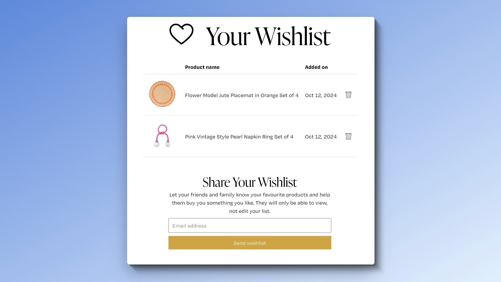 Squarespace wish list page